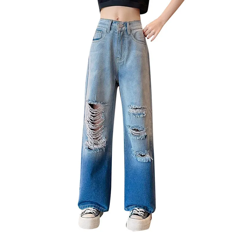 

Children's Wear Casual Ripped Jeans 2023 Summer Korean New Teenage Stretch Hole Denim Pants Girls Trousers Fashion Loose Clothes
