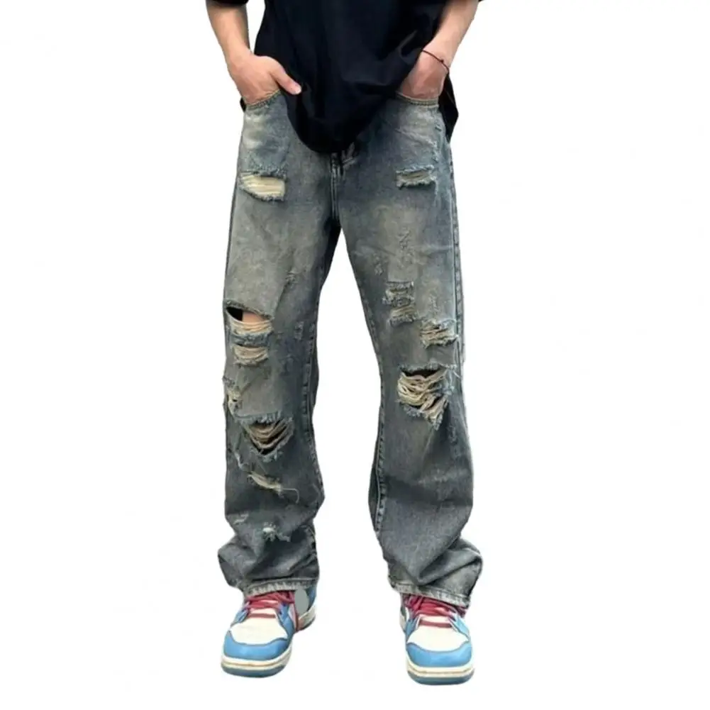 

Hip Hop Pants Streetwear Men's Ripped Hole Wide Leg Jeans with Multi Pockets Distressed Details for Casual Hip Hop Style Loose