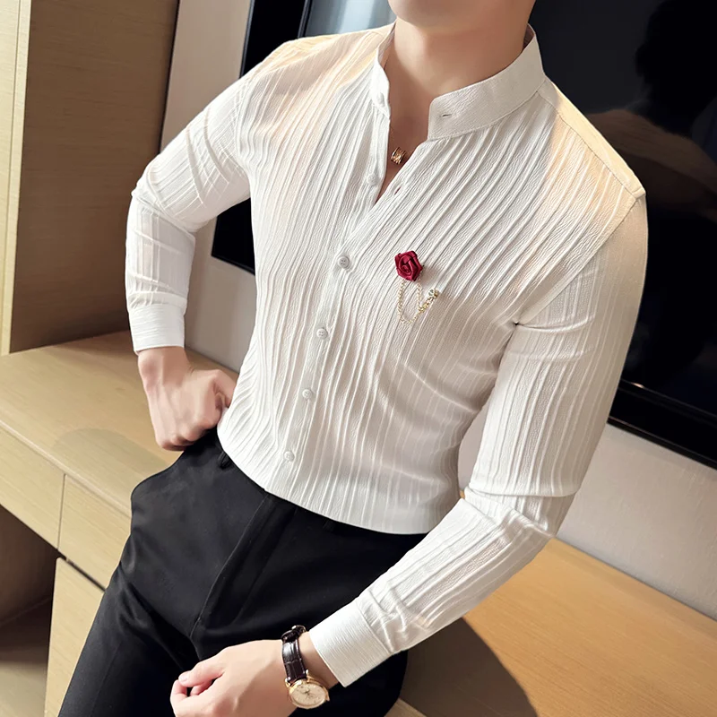 

British Style Men Solid Stand Collar Vertical Stripes Shirt 2024Long Sleeved Slim Fit Shirts Formal Business Social Party Tuxedo