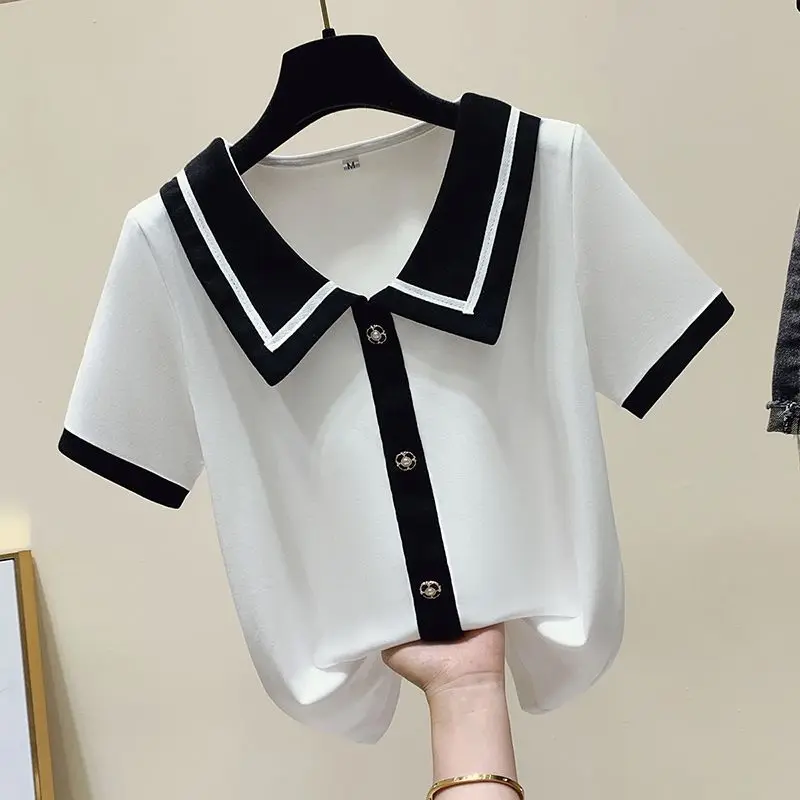 Loose Slim Contrast Color Doll Neck Ice Silk Short Sleeved T-shirt Women's Summer New Stripes Korean Casual Simple Versatile Top
Loose Slim Contrast Color Doll Neck Ice Silk Short Sleeved T-shirt Women's Summer New Stripes Korean Casual Simple Versatile Top