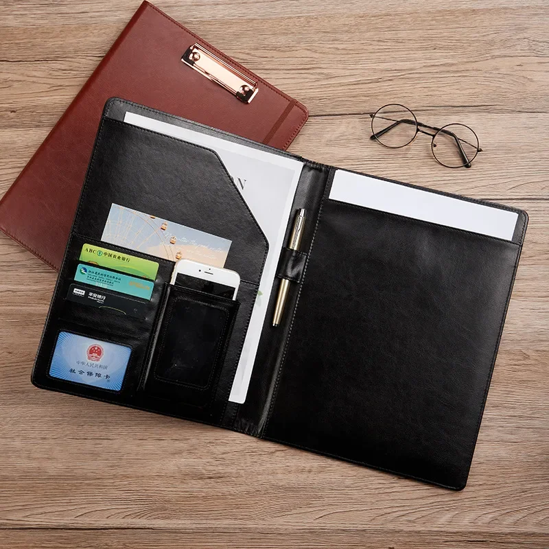 

Office Folder Metal Meeting Cover Strap Conference Padfolio Slash Document Clip File Leather Portfolio Study Pocket