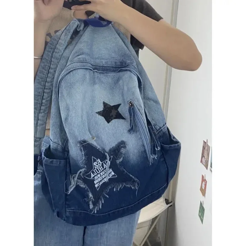 

Y2K корейский винтажный Джинсовый Рюкзак со звездами для девушек, рюкзаки в эстетике гранж, Готическая Синяя Сумка Хобо, школьная сумка, большие сумки-тоуты на плечо для женщин