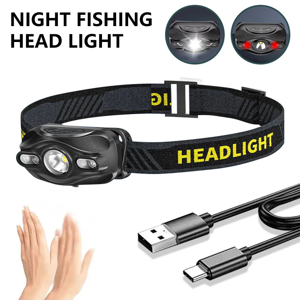 

LED Headlight Motion Sensor Headlamp USB Rechargeable Head Torch Waterproof Camping Hiking Fishing Powerful Flashlight