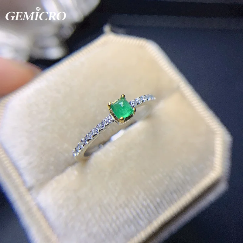 

Gemicro Gorgeous Natural Emerald Solid 925 Sterling Silver Wedding Ring for Women Noble Gift Lady Engagement Fine Classic Jewel
