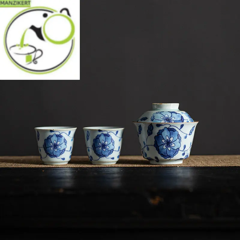 

Blue and White Interlock Branch Lotus Tureen Three-Piece Set Porcelain Kung Fu Tea Set Portable Travel Tea Set Mini Set Tea Sets