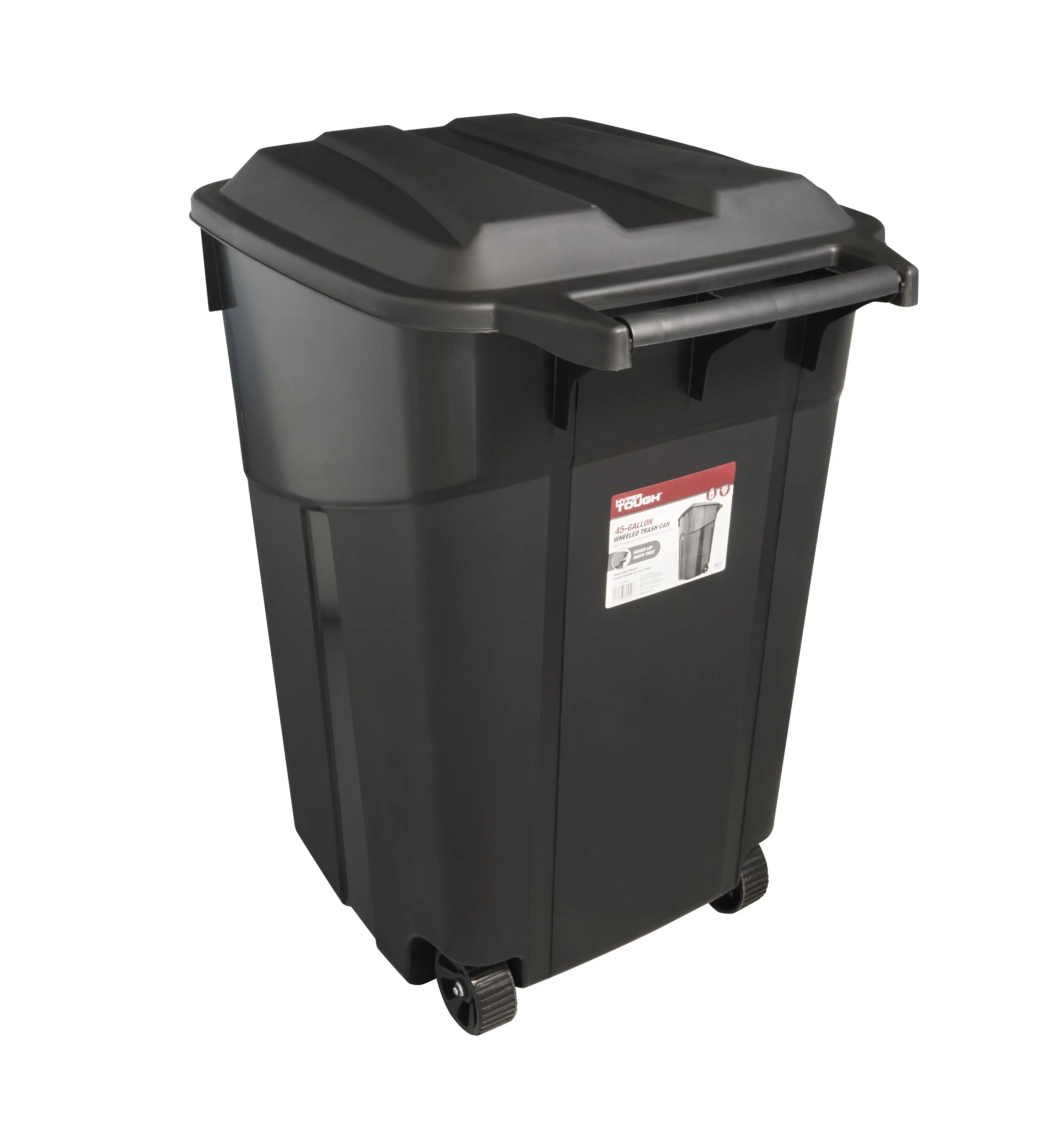 45 Gallon Wheeled Heavy Duty Plastic Garbage Can, Attached Lid, Black
45 Gallon Wheeled Heavy Duty Plastic Garbage Can, Attached Lid, Black