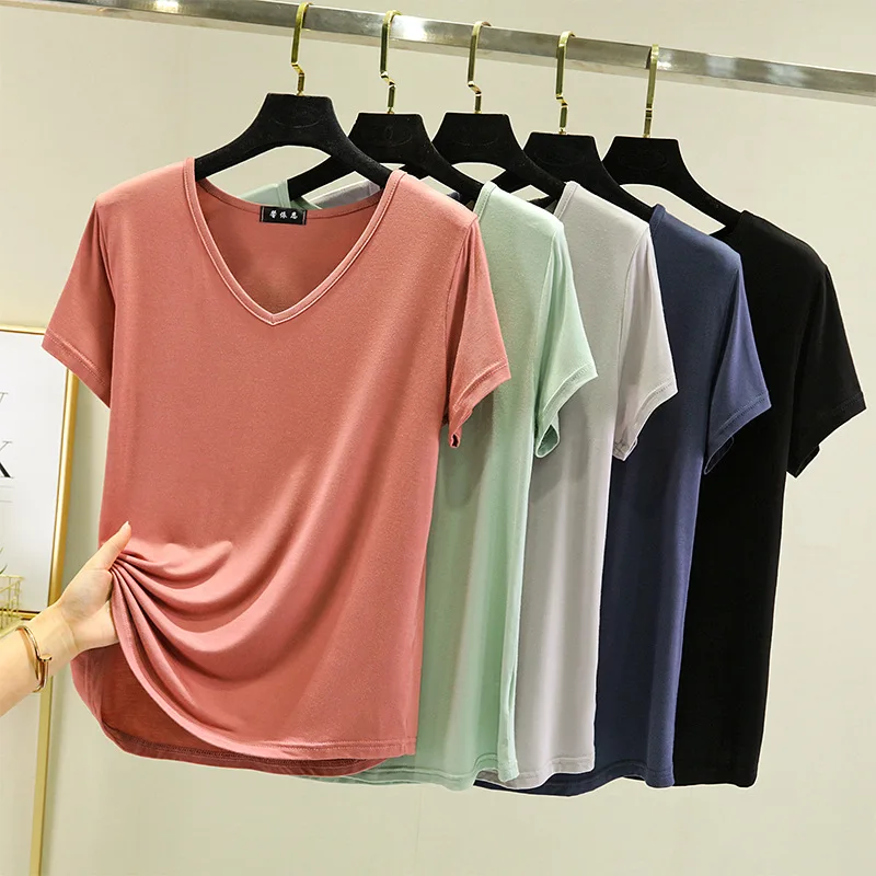 

Summer women Modal V-Neck Tshirt Thin Bottoming T-shirts Plus size Loose tee tops Streetwear Basic Top