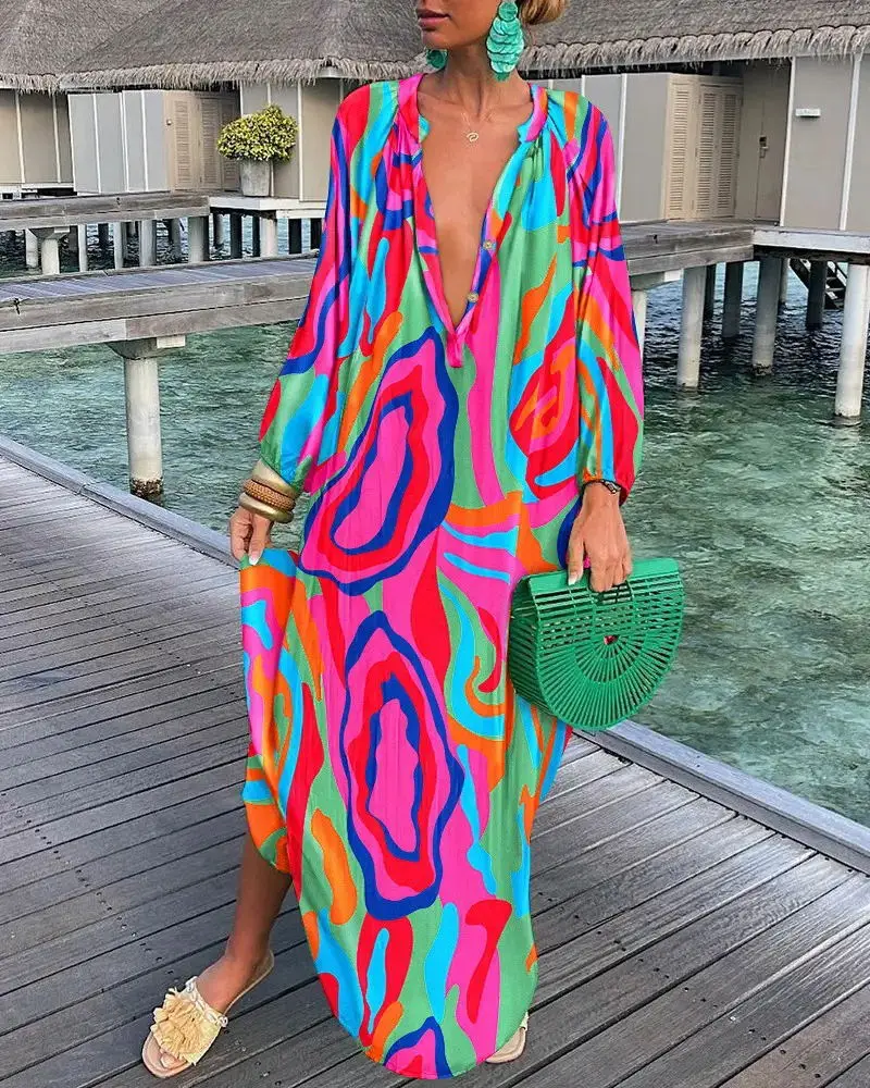 

Women's Dresses Summer Print V-Neck Loose Dress Holiday Beach Female Robe Plage Cut Out Dress Vestido Elegante Mujer Floral