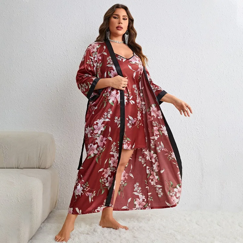 

Женский длинный халат-Кимоно размера плюс 5XL, халат с принтом, комплект из 2 предметов, ночная рубашка, новая шелковая атласная одежда для сна, свободное домашнее платье