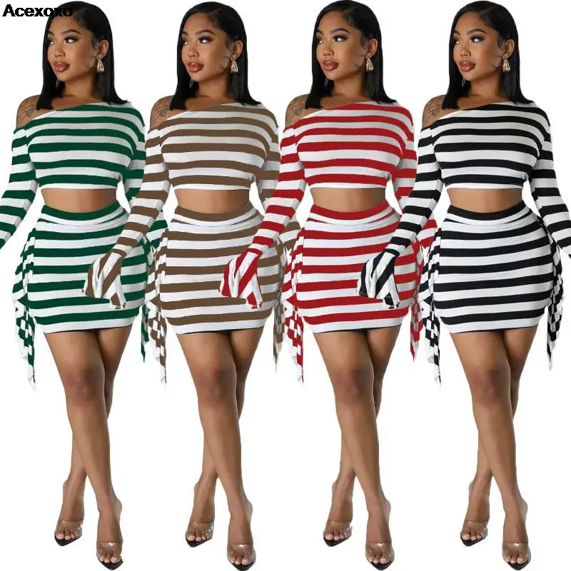 Women's summer new fashion black and white striped print one-shoulder long sleeve sexy dress two-piece set
Women's summer new fashion black and white striped print one-shoulder long sleeve sexy dress two-piece set