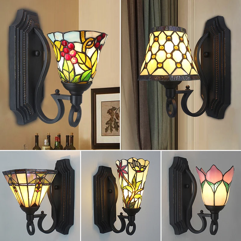 

Tiffany Stained Glass Wall Lamp Vintage Mediterranean Baroque Wall Sconce Led Wall Lights for Home Bedroom Bathroom Mirror Light