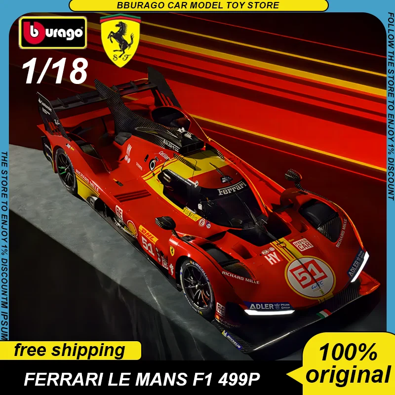

Новый продукт Bburago 1:18 Ferrari 499p 51 гоночный автомобиль Le Mans ралли Чемпион сплав роскошная модель автомобиля