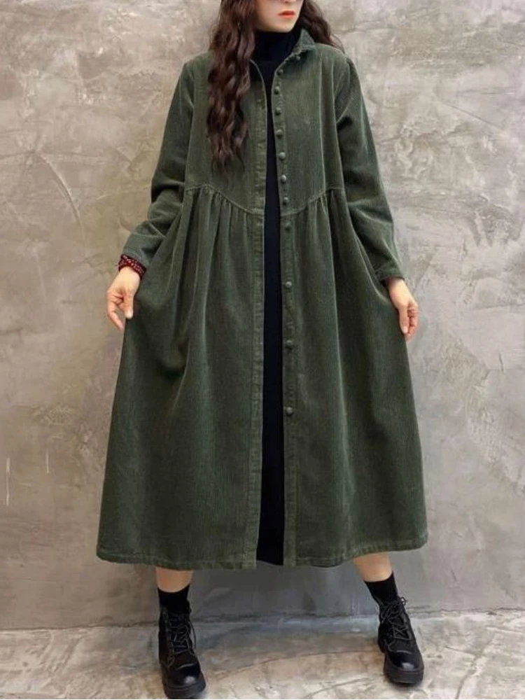 

Corduroy Coats Autumn Winter Vintage Dress Fashion Ladies Single Breasted Long Sleeve Trench Casual Loose Women Clothing Robe
