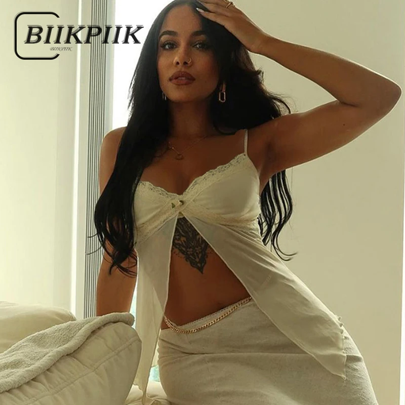 

BIIKPIIK Sexy Lace Mesh Patchwork Camisole for Women Fashion Floral See Through Tank Tops Casual Vests Elegant Outfits Vacation