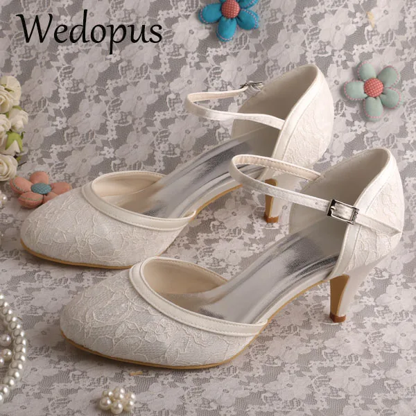 

Wedopus Handmade Bridal Lace Shoes Women Ivory Kitten Heel Closed Toe Pumps for Wedding