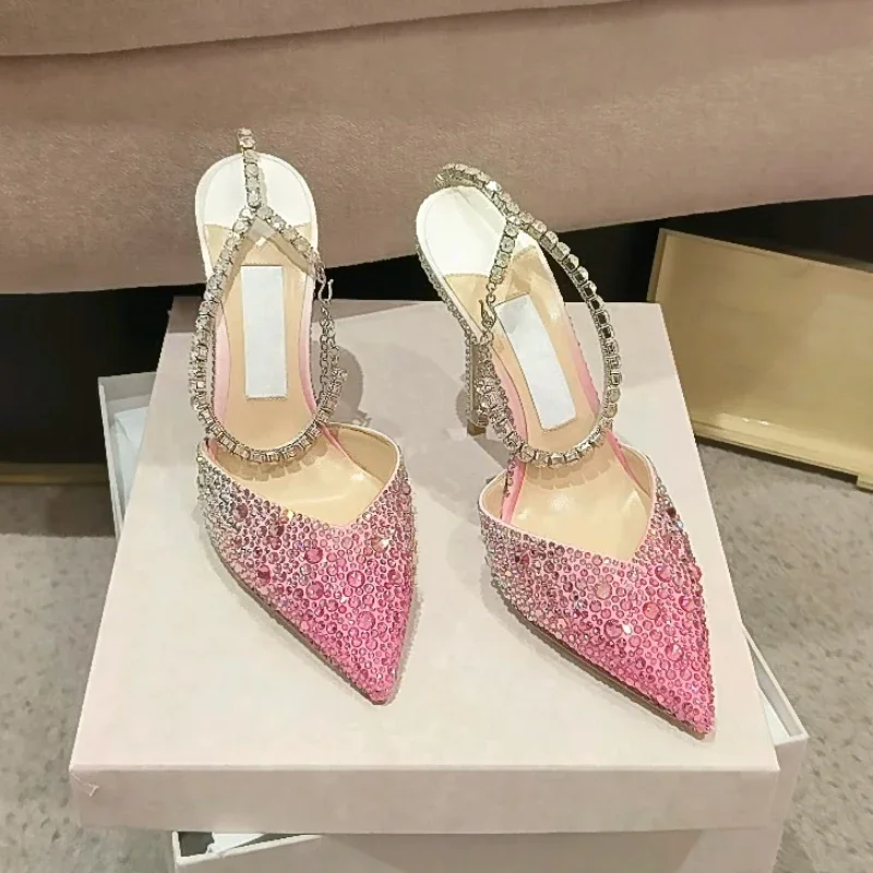 

2023 Spring New Water Diamond Gradient Pink Sexy Pointed V-neck High Heels Slim Heel Strappy Sandals