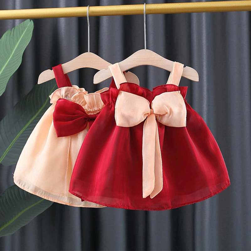 

Летние Детские платья babzaплюme, корейское милое Сетчатое красное платье принцессы с большим бантом без рукавов для дня рождения, одежда для маленьких девочек