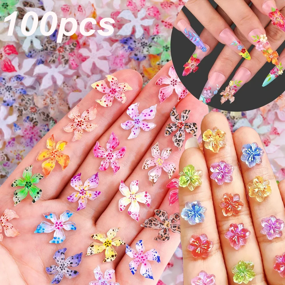 100pcs Mixed Jelly hibiscus&Leopard Lily Flower nail charms 3D Resin Peach blossom five petal flower design DIY Spring nail deco 23 S17da0254e0ea4f25aa7851e5a5102193w