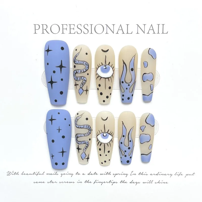 

10 Pcs Wearing False Nails Fake Nails Pure Handmade 【Hand Painted Snakes】 Complimentary Nail Enhancement Kit