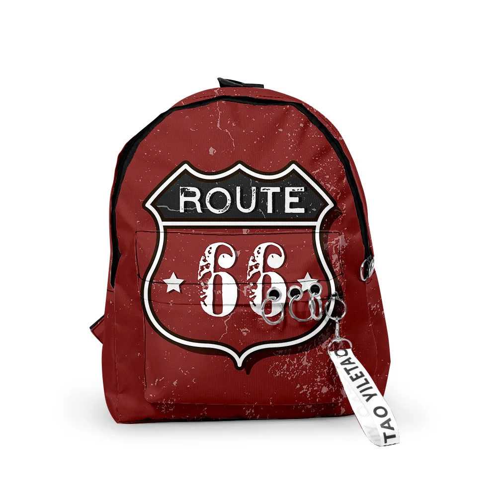 

Модные Молодежные школьные ранцы Route 66, рюкзаки для ноутбука для мальчиков и девочек, водонепроницаемые маленькие дорожные сумки из ткани Оксфорд с 3D-принтом и цепочкой для ключей