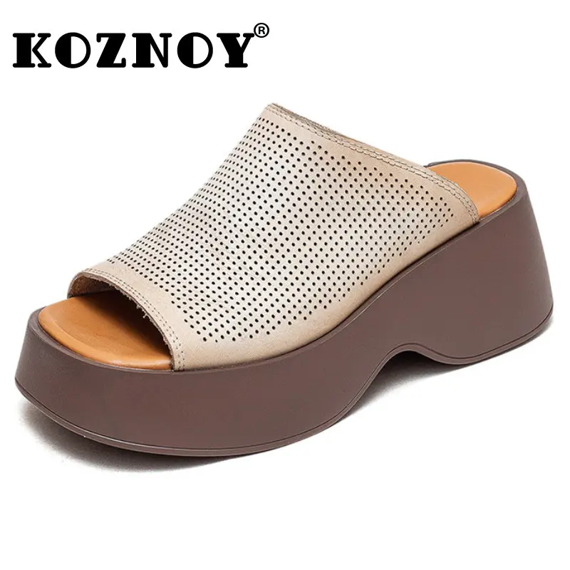 

Koznoy Cow Slippers 7cm Natural Genuine Leather Women Summer Platform Wedge Sandals Hollow Designer Comfy Concise Fashion Shoes