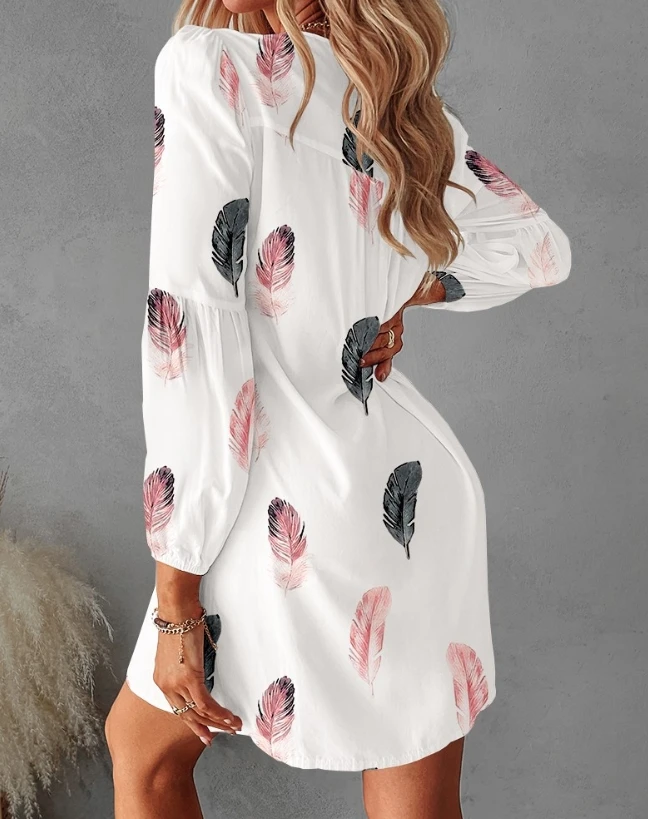 

Casual Long Sleeve Dresses for Women Spring Summer New Women's Casual Daily Feather Print Lace Up Details Elegant Style Dress