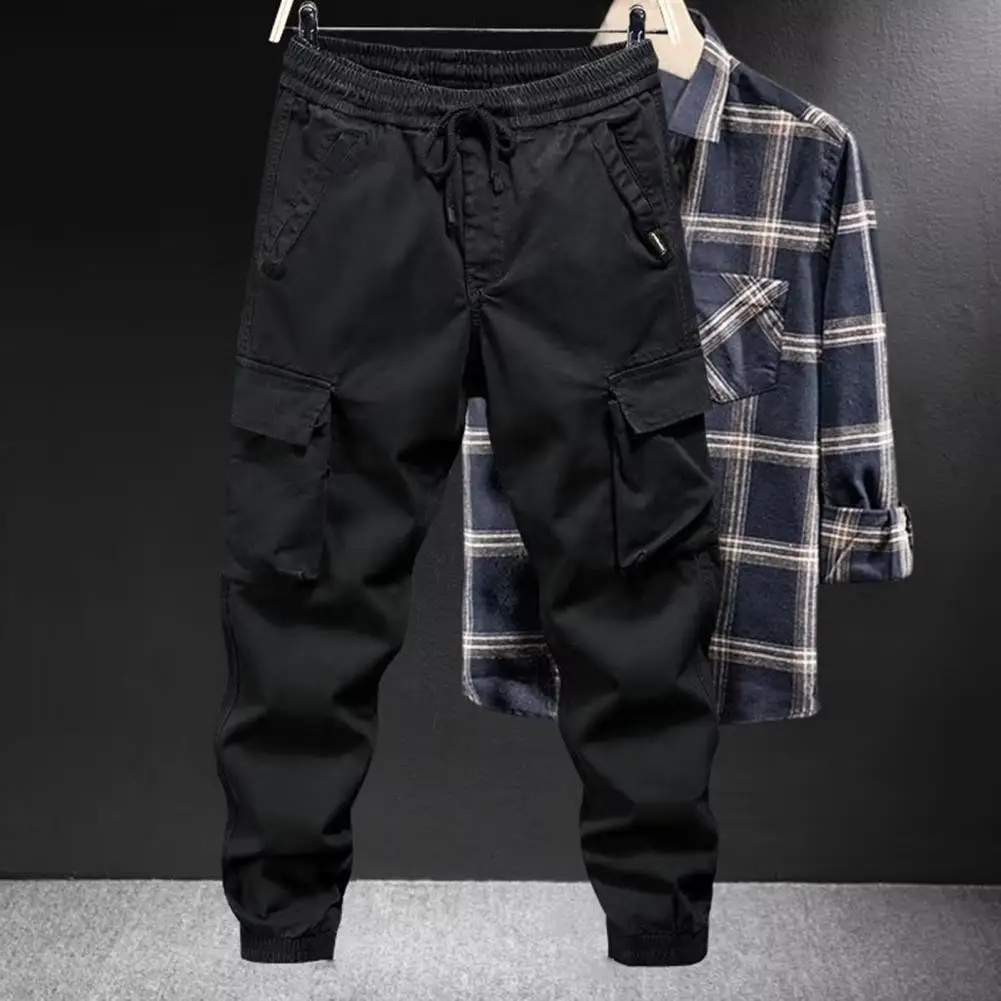 

Men Spring Cargo Pants Men's Elastic Waist Cargo Pants with Drawstring Multi Pockets Outdoor Trousers for Spring Autumn
