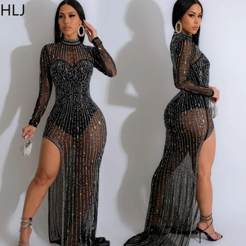 

HLJ Black Sexy Mesh Perspective Rhinestone Slit Bodycon Dress Women O Neck Long Sleeve Slim Vestidos Fashion Party Club Clothing