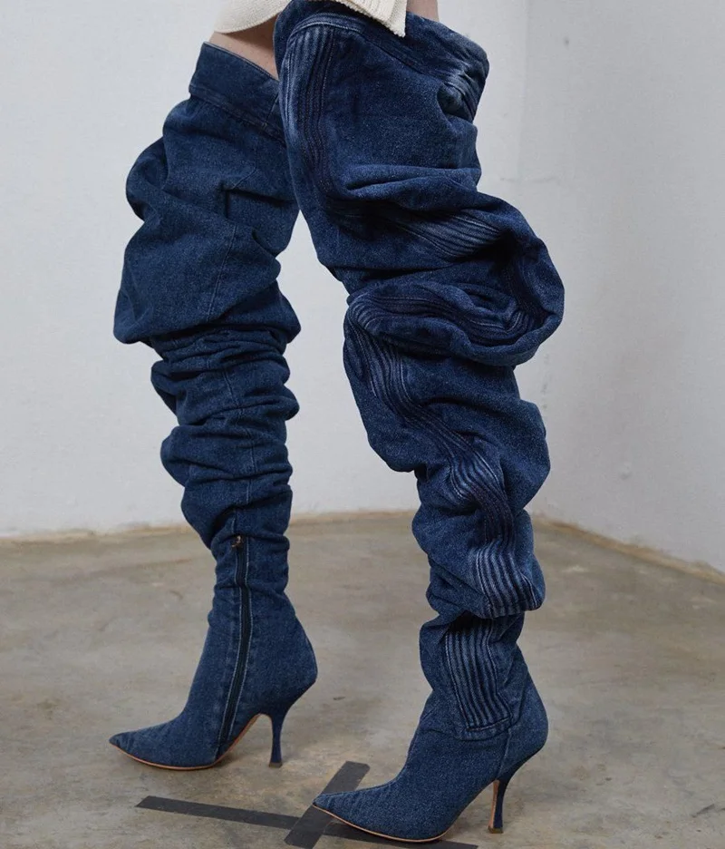 Sexy Slouch Jeans Over The Knee Boots Poined Toe Side Zipper Pleated Thigh High Boots Blue Denim Women Runway Shoes Size42
Sexy Slouch Jeans Over The Knee Boots Poined Toe Side Zipper Pleated Thigh High Boots Blue Denim Women Runway Shoes Size42