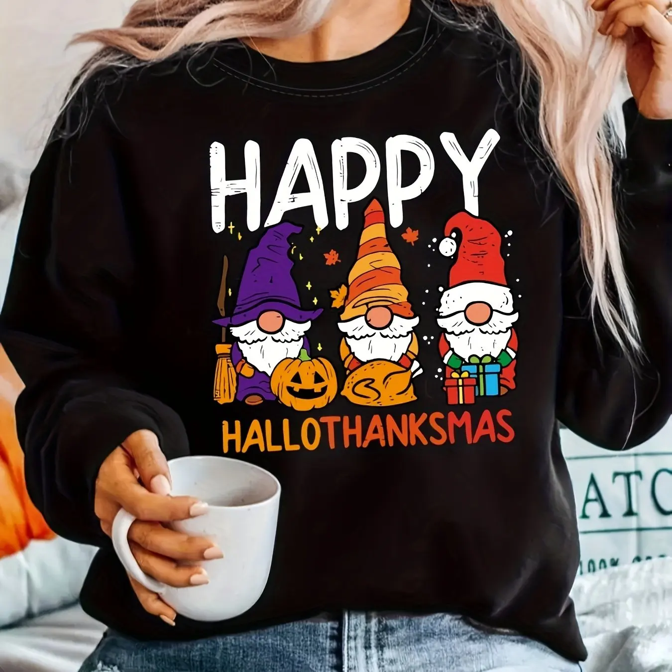 

Happy Hallothanksmas Print Sweatshirt Casual Long Sleeve Crew Neck Sweatshirt Women's Clothing