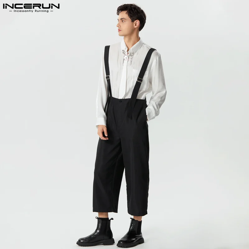 

INCERUN 2024 American Style Men Jumpsuits Loose High Waisted Wide Leg Rompers Leisure Streetwear Solid Shoulder Strap Pant S-5XL