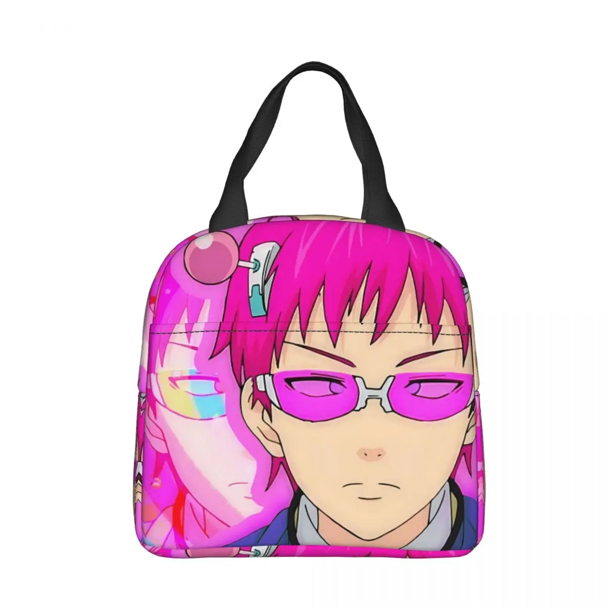 

Pink Lunch Bag box Anime The Disastrous Life Of Saiki K Children Aluminum Bag Foil Portable Lunchbox