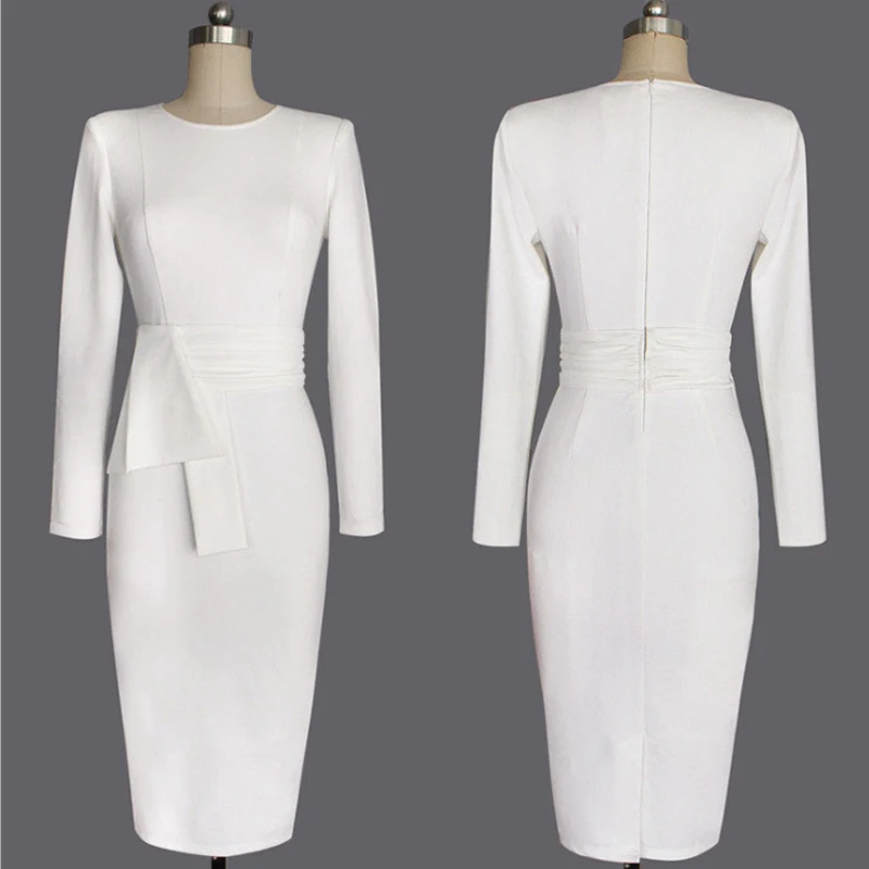 

2024 Autumn Winter Long Sleeve White O Neck Belted Plain Dress Office Formal Women Sexy Bodycon Bandage Elegant Party Slim Dress