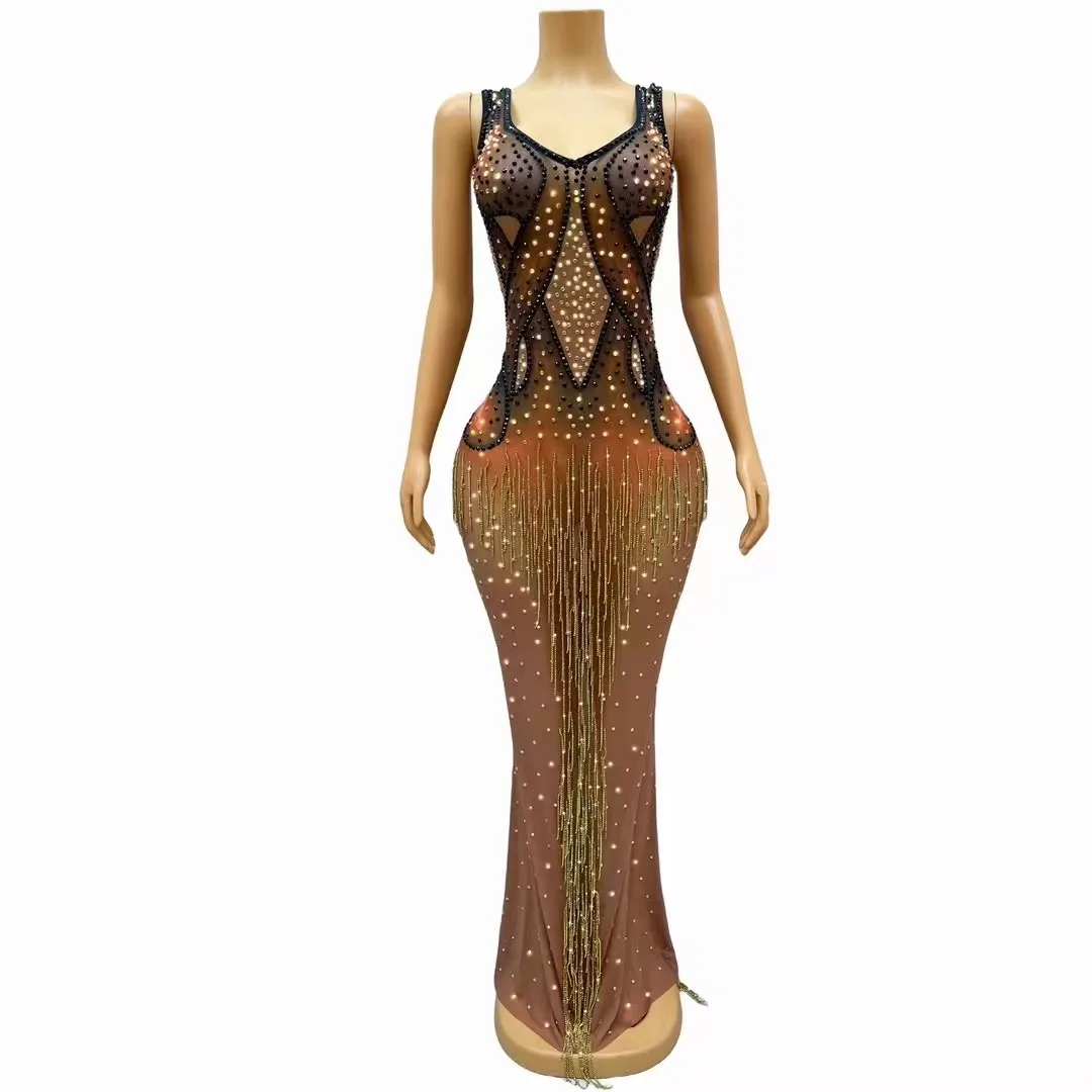 

Women's Fashion Rhinestones Crystals Fringes Transparent Dress Birthday Celebrate Evening Gown Sexy Singer Outfit Niuniaojian