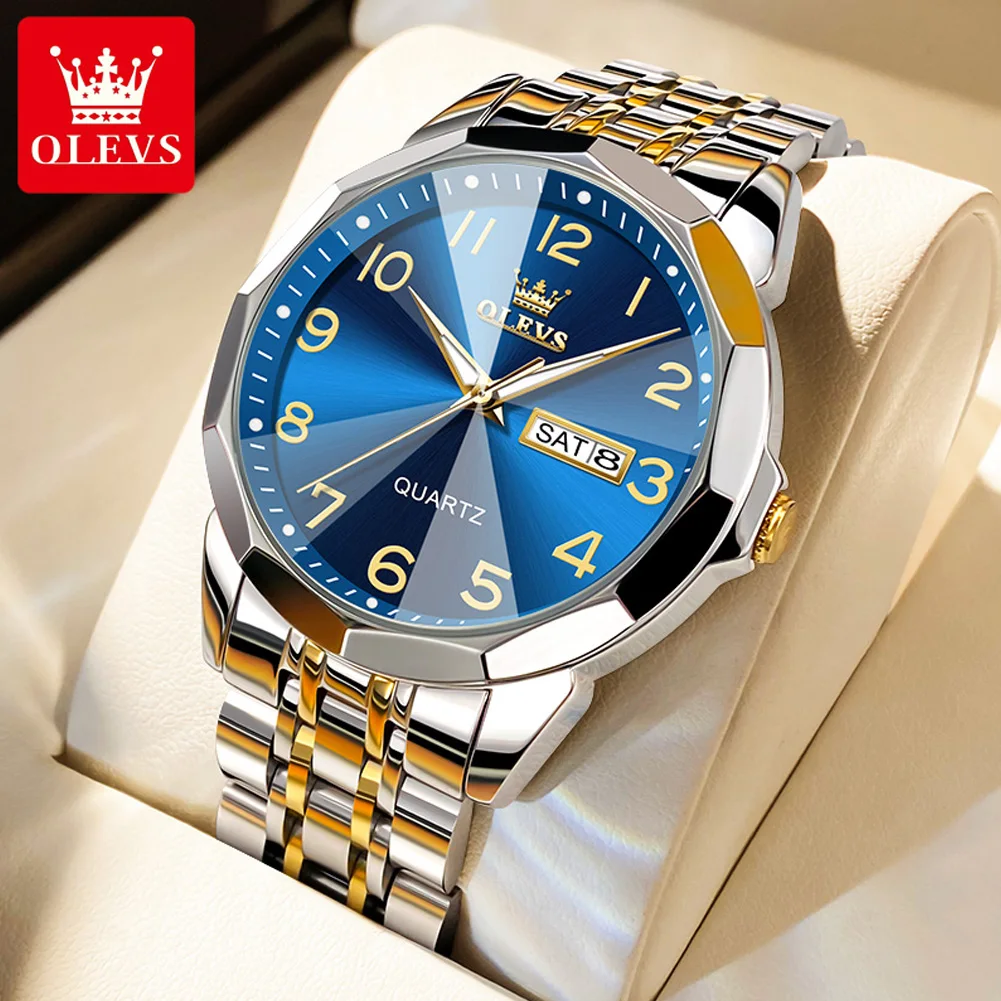 

OLEVS Men's Watches Rhombus Mirror Dual Calendar Wristwatch Luxury Stainless Steel Business Quartz Watches for Men Reloj Hombre