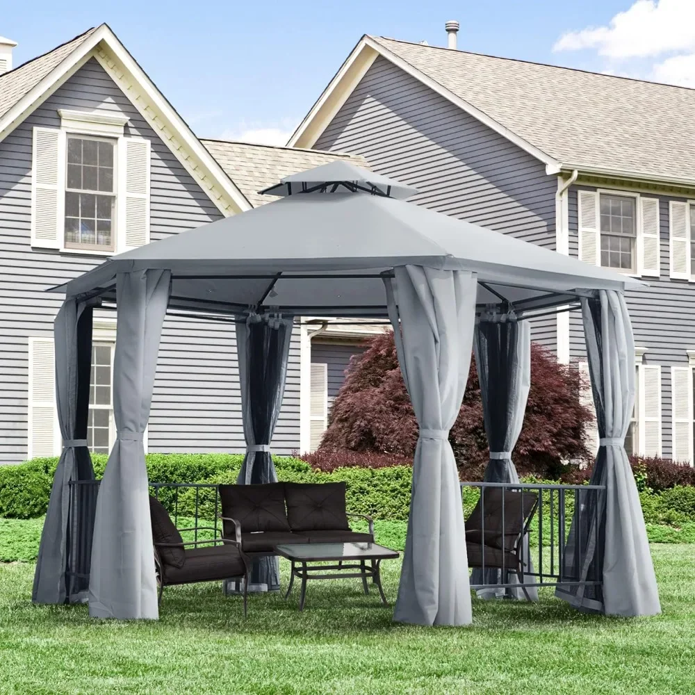 13' x 13' Patio Gazebo, Double Roof Hexagon Outdoor Gazebo Canopy Shelterwith Netting & Curtains, Solid Steel Frame for Garden
13' x 13' Patio Gazebo, Double Roof Hexagon Outdoor Gazebo Canopy Shelterwith Netting & Curtains, Solid Steel Frame for Garden