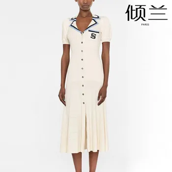 Desfile a Elegância na Primavera com o Cardigã Tricô Listrado da Sweet and Fresh S Home 10 2024 French S Family 23 Early Autumn New Women's Wear French Contrast Double S Embroidery V-Neck Knitted Dress RO02505