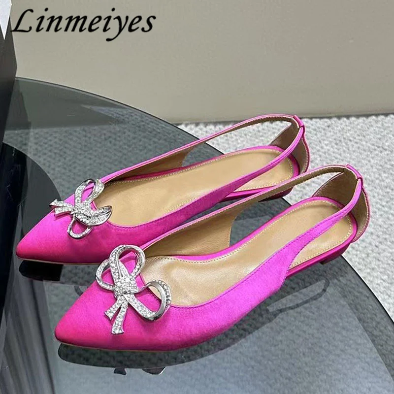 

2024 New Flat Shoes Women Pointed Toe Shallow Summer Shoes Butterfly-knot Rhinestone Runway Shoes Female Satin Sandals Woman