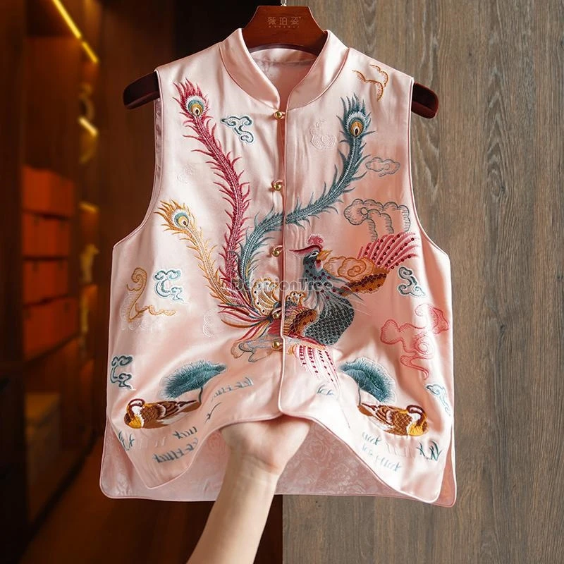 

2024 new improved daily qipao top vest chinese ethnic phoenix embroidery elegant vest stand collar sleeveless button waistcoat