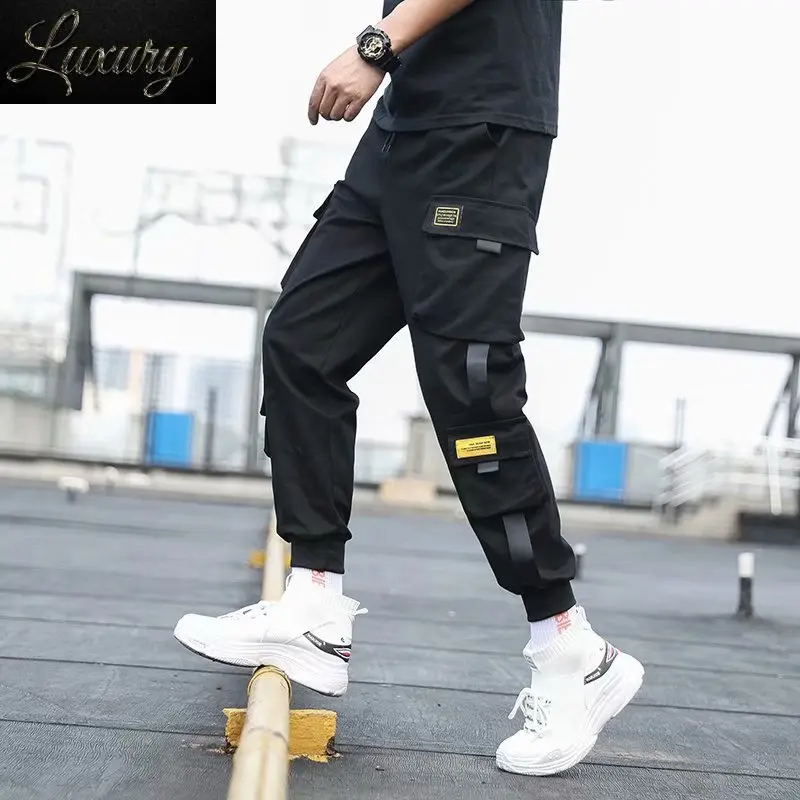 

Men's Side Pockets Cargo Harem Pants 2024 Ribbons Black Hip Hop Casual Male Joggers Trousers Fashion Streetwear