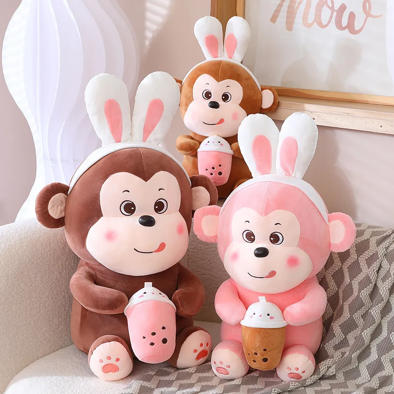 

25/30CM Stuffed Animal Creative Pillow Kawaii Cartoon Bubble Tea Monkey Plush Toy Milk Tea Cup Monkey Plushie Doll Birthday Gift