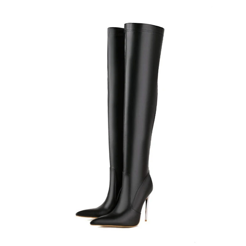 

Sexy Thigh High Boots Steel Pipe Dance Thin Heel Pointed Back Zipper Elastic Thin Leg Black Knee Length Women Large Shoes 6316