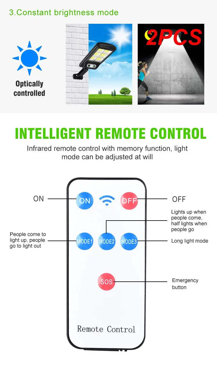 

2PCS Solar LED Street Light Outdoor Waterproof Remote Control PIR Motion Sensor Solar Lamp for Garden Yard Security Wall Light