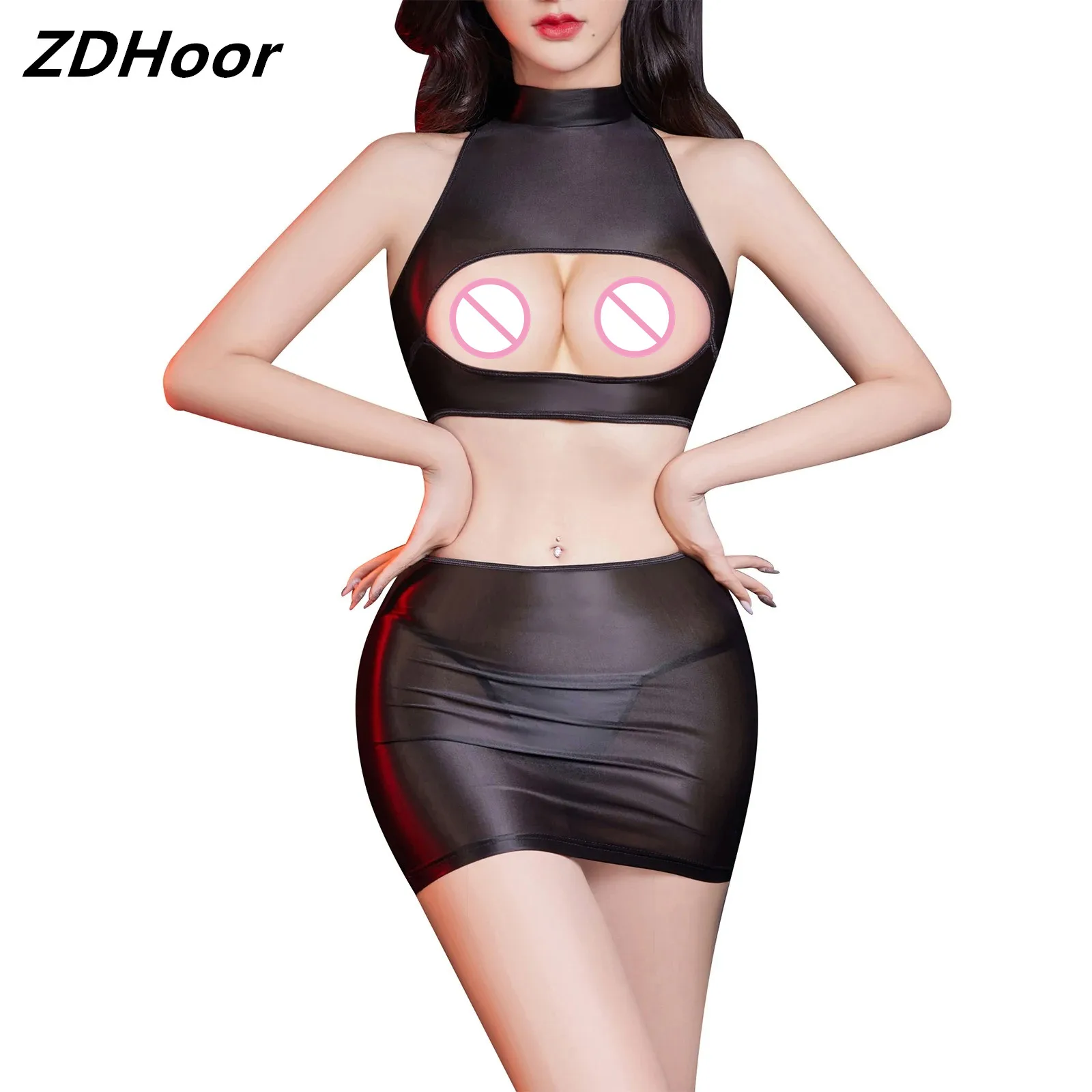 

Women See Through Lingerie Set Mock Neck Open Breast Top And Leaky Butt Wrap Skirt Thong Set for Role Play Party Nightclub