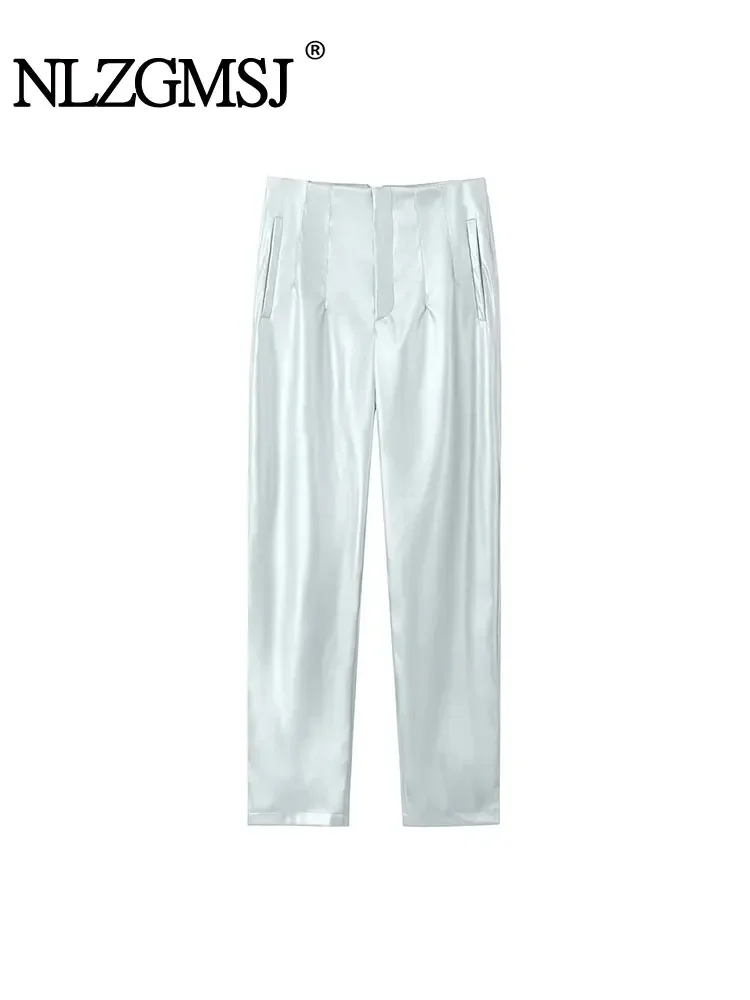 Nlzgmsj TRAF Women Silvery Pencil Pant Street High Waist Slim Trouser Autumn Winter Woman Vintage Front Seams Pockets Pants 
Nlzgmsj TRAF Women Silvery Pencil Pant Street High Waist Slim Trouser Autumn Winter Woman Vintage Front Seams Pockets Pants