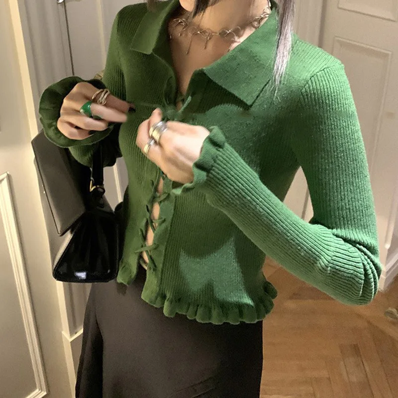 Трикотажный свитер с завязкой на лацкане с ушным краем и мягкой посадкой под верх Y2K 
Трикотажный свитер с завязкой на лацкане с ушным краем и мягкой посадкой под верх Y2K