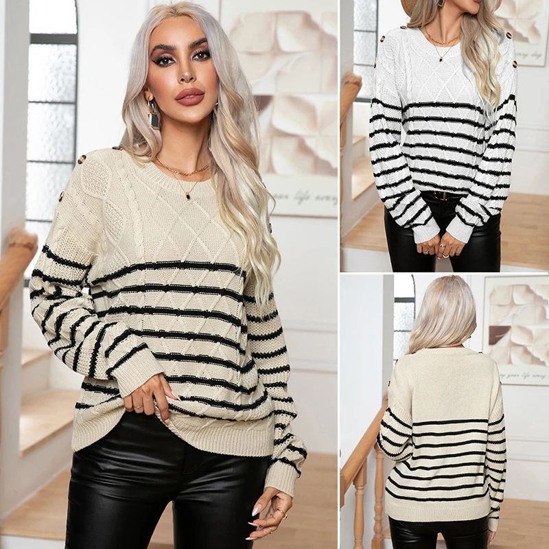 

Women's Sweaters Stripe Printing Pullovers Autumn Winter Long Sleeve Tops Loungewear Soft and Comfort Knitted Jacquard Sweater