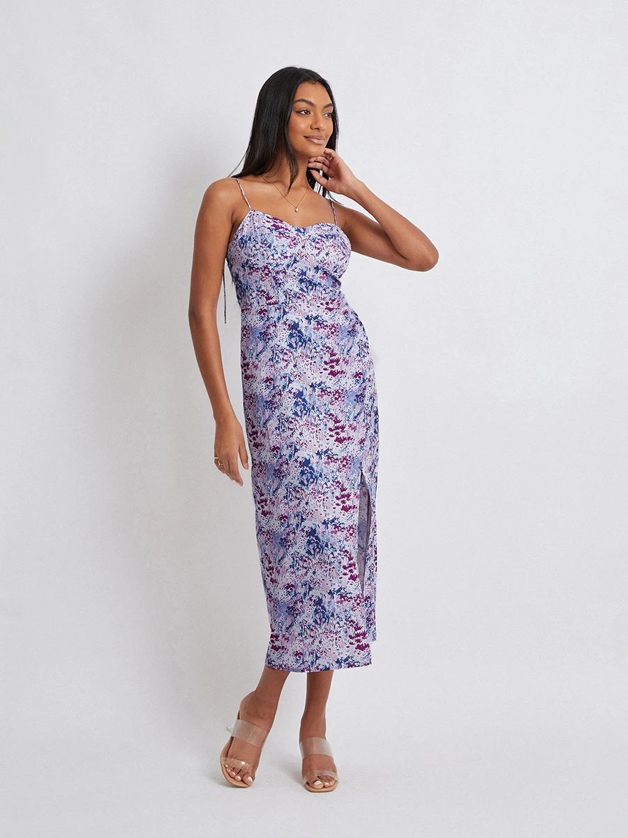 

Kimydreama Women Elegant Sleeveless Floral Long Dress Summer Spaghetti Strap Backless Thigh-high Slit Beach Party Dress