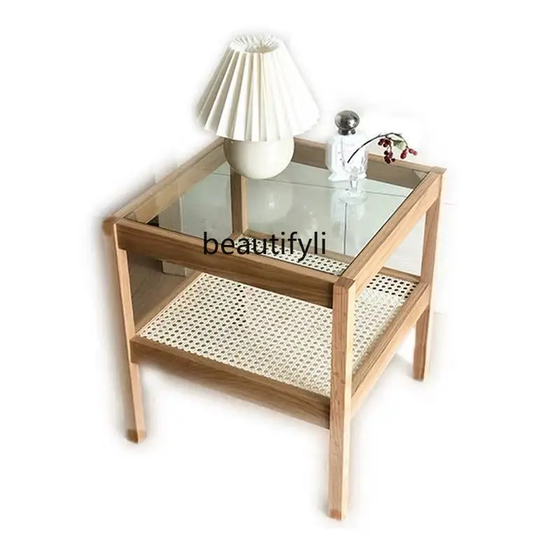 

Боковой столик yj INS из массива дерева, простой ротанговый Маленький журнальный столик, квадратный стеклянный боковой шкаф, прикроватный столик для кровати и завтрака