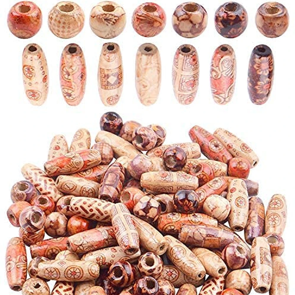 

100pcs Painted Wooden Beads Round Big Hole Spacer Beads Oval Wood Beads for DIY Hair Braiding DIY Bracelet Jewelry Making Crafts